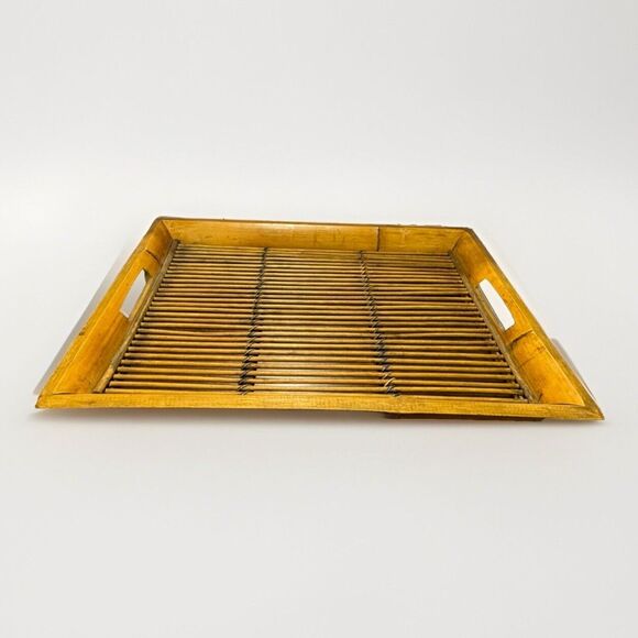 1960s Mid-Century Burnt Tortoise Motif Bamboo Rattan Serving Tray Boho Chic Tiki - Picture 8 of 8